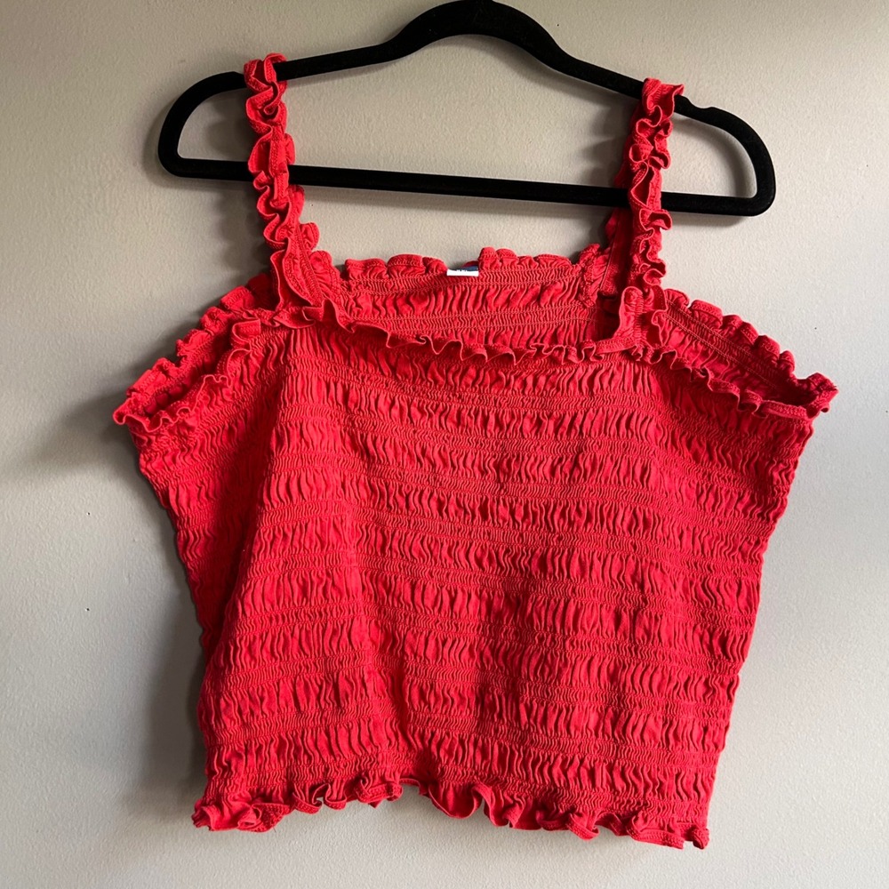 Old‎ Navy Womens XXL Red Smocked Ruffle Cami Crop Top Square Neck Cotton Blend